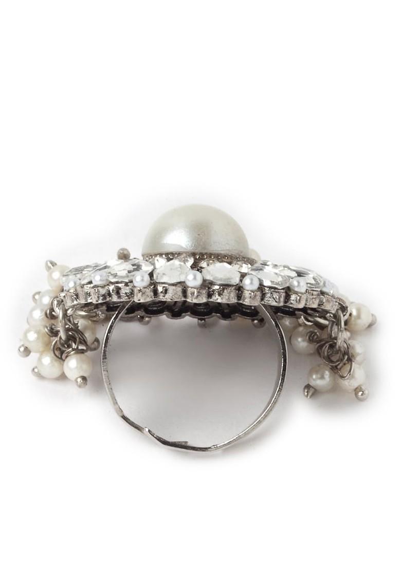 Silver Silver Toned Ad Stones Studded Adjustable Finger Ring With Drop Earrings