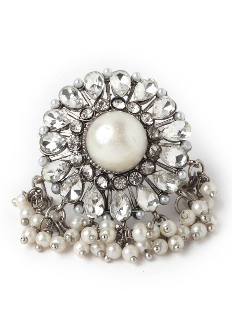 Silver Silver Toned Ad Stones Studded Adjustable Finger Ring With Drop Earrings