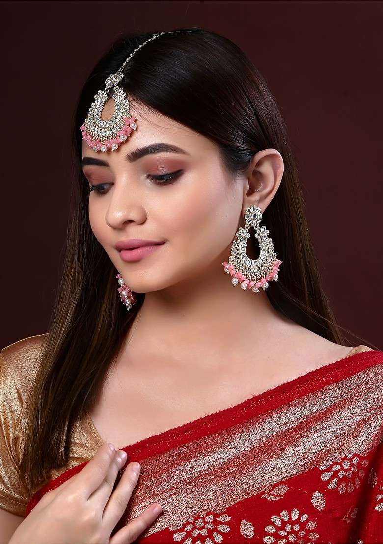 Gold Plated Pink And White Kundan Studded And Beaded Jewellery Set - Indya