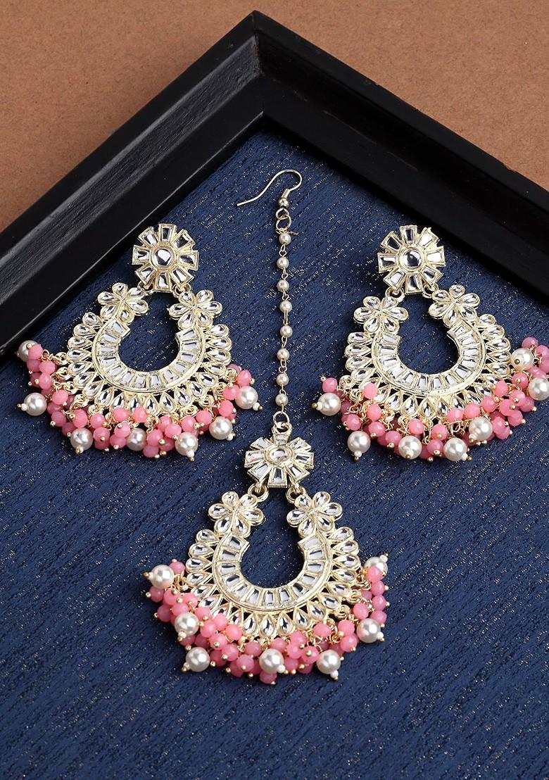 Gold Plated Pink And White Kundan Studded And Beaded Jewellery Set
