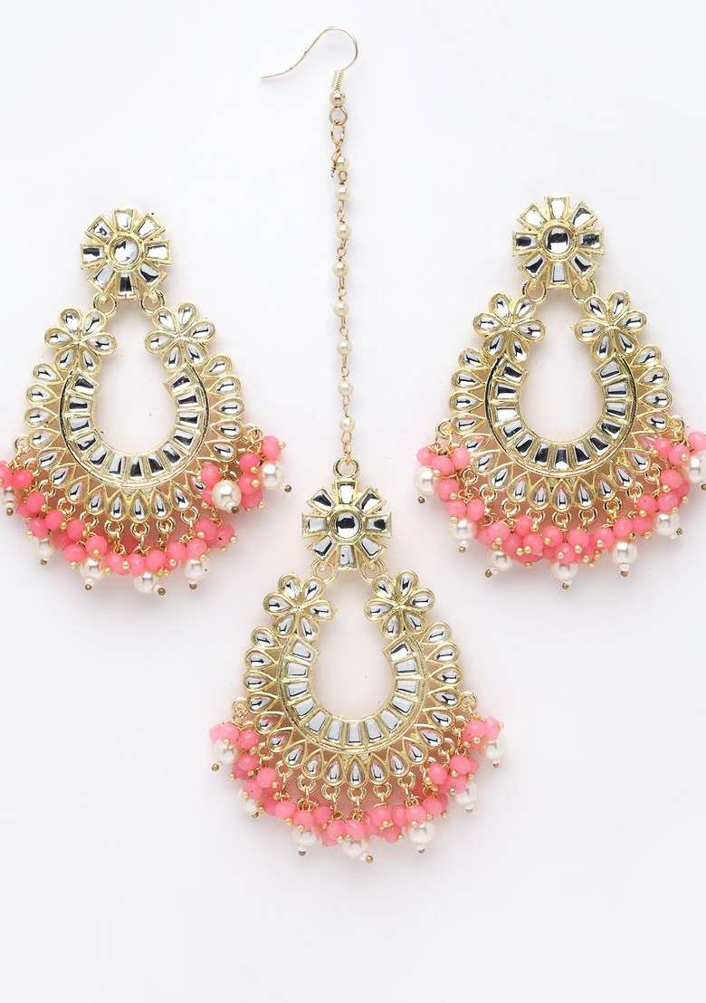 Gold Plated Pink And White Kundan Studded And Beaded Jewellery Set - Indya