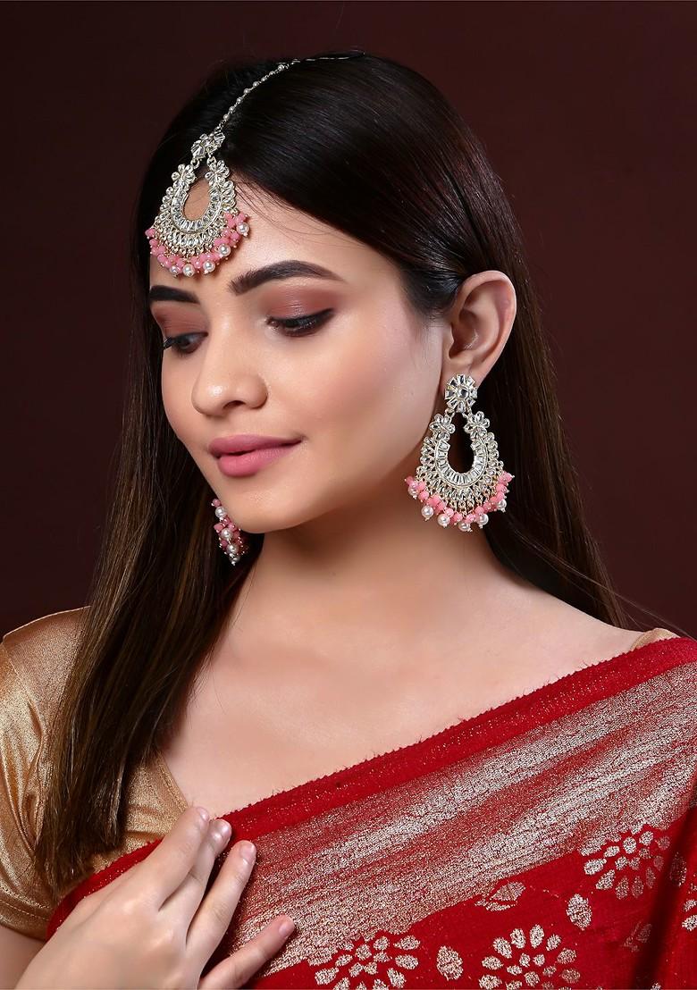 Gold Plated Pink And White Kundan Studded And Beaded Jewellery Set