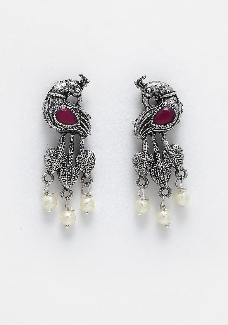 Silver Silver Toned And Pink Stones Studded And Beaded Oxidised Peacock Shaped Jewellery Set