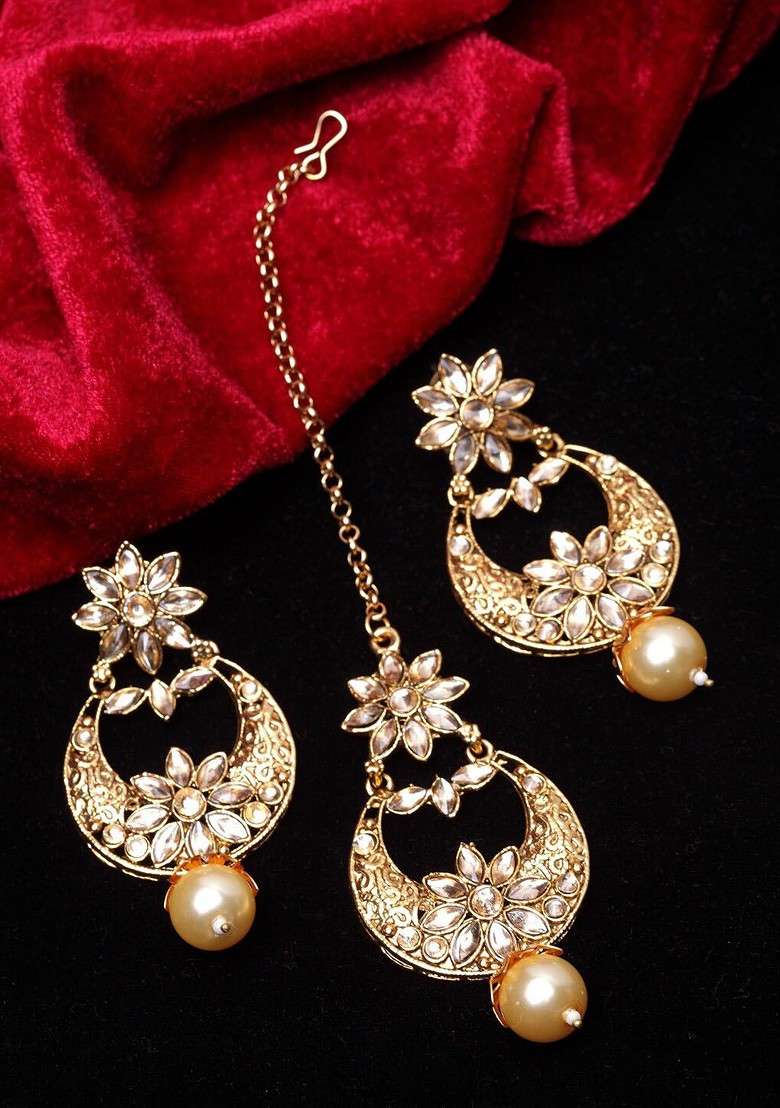 Gold Plated White Stone Studded Maang Tikka And Earring Set - Indya