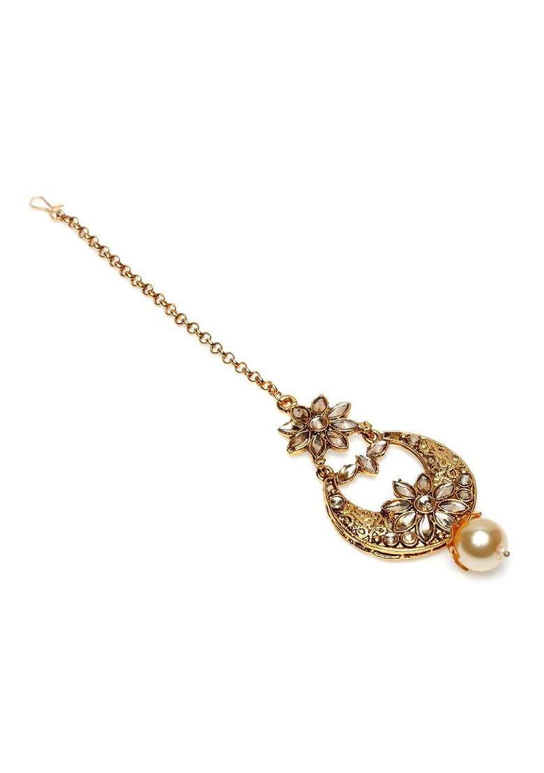 Gold Plated White Stone Studded Maang Tikka And Earring Set - Indya