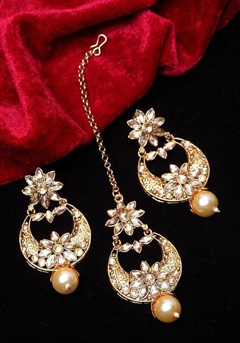 Gold Plated White Stone Studded Maang Tikka And Earring Set