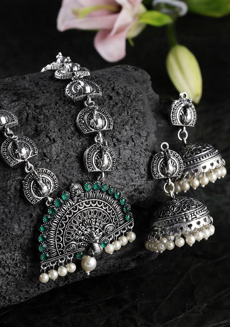 Silver Silver Toned Green Stone Studded Peacock Shaped Oxidized Jewellery Set