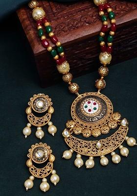 Gold Plated White And Red Pearl Studded And Beaded Handcrafted Jewellery Set
