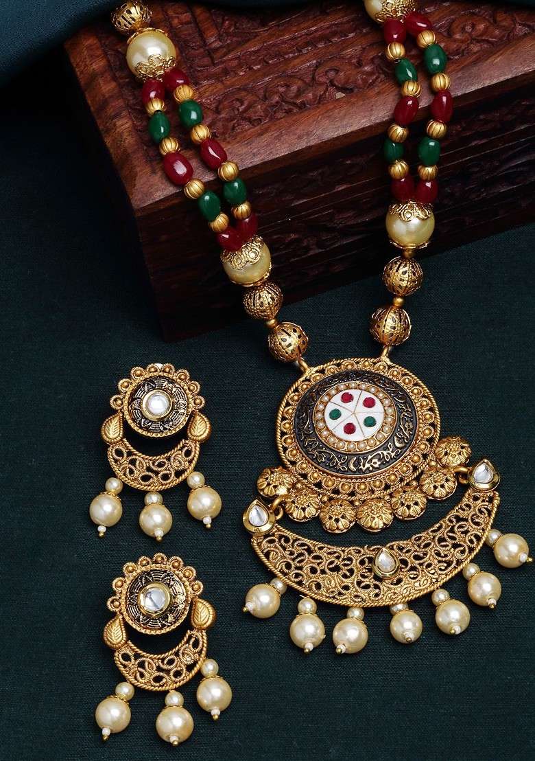 Gold Plated White And Red Pearl Studded And Beaded Handcrafted Jewellery Set - Indya
