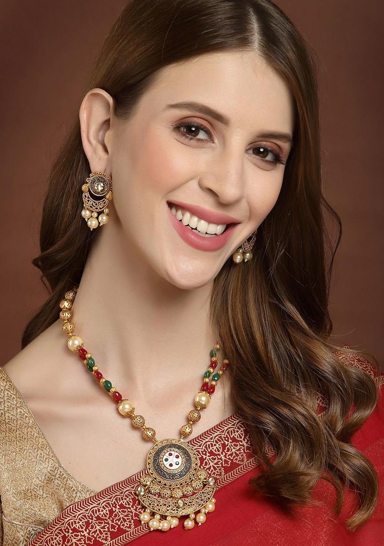 Gold Plated White And Red Pearl Studded And Beaded Handcrafted Jewellery Set