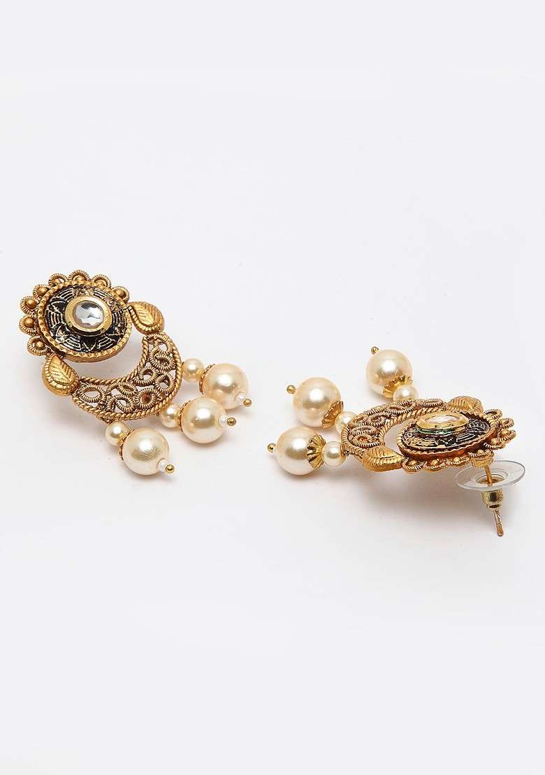 Gold Plated White And Red Pearl Studded And Beaded Handcrafted Jewellery Set - Indya