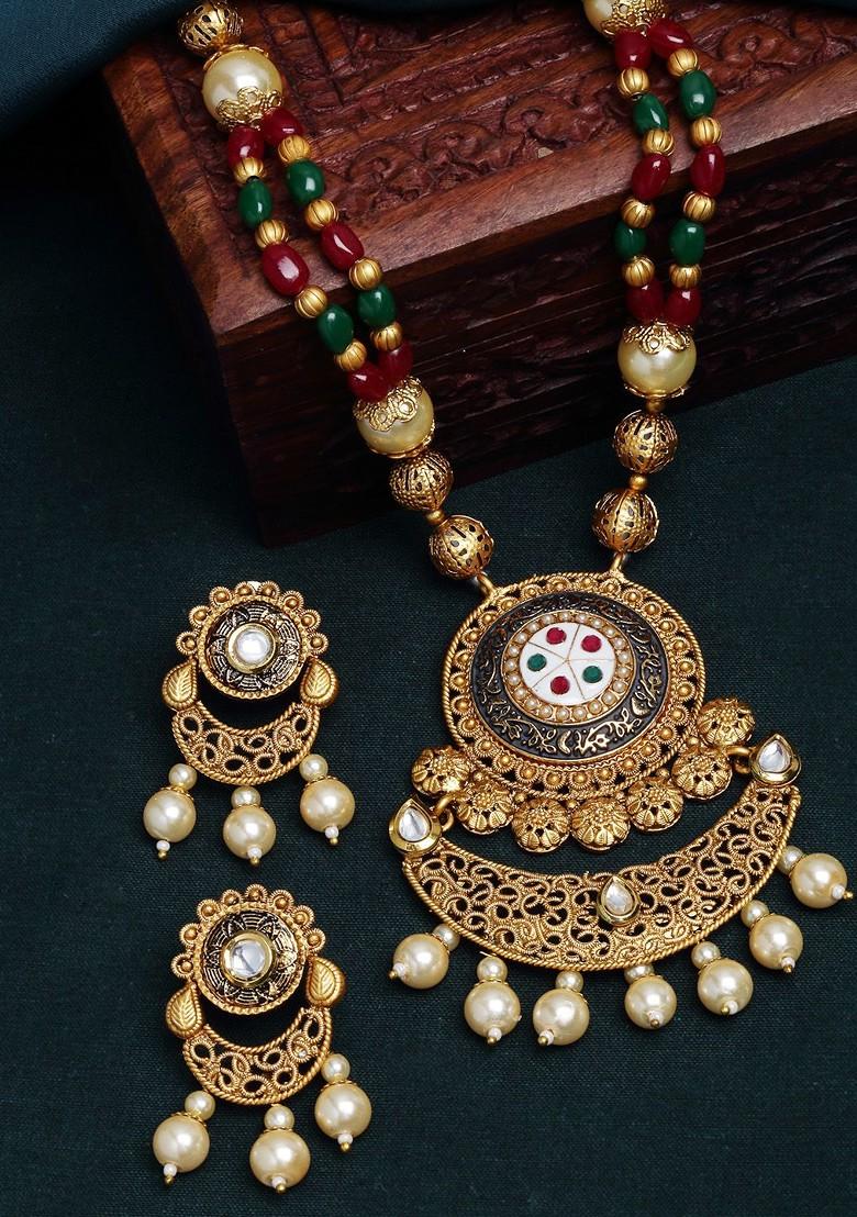 Gold Plated White And Red Pearl Studded And Beaded Handcrafted Jewellery Set