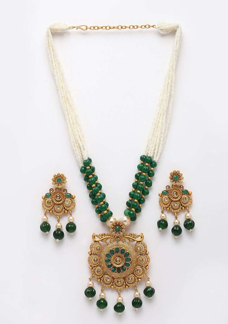 Gold Plated Green And White Stone Studded And Pearl Beaded Jewellery Set - Indya