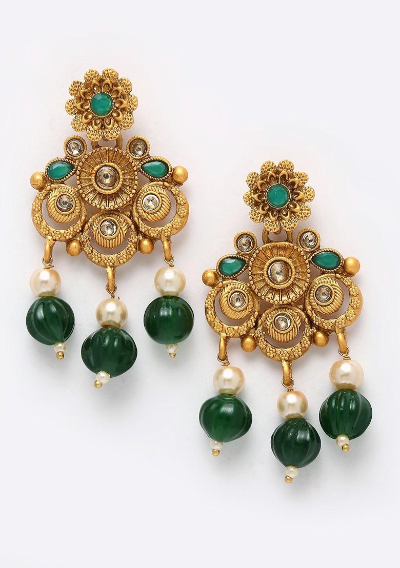 Gold Plated Green And White Stone Studded And Pearl Beaded Jewellery Set