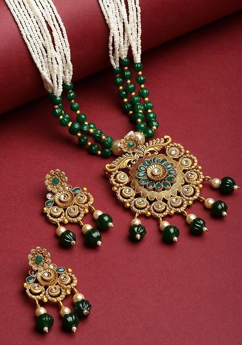 Gold Plated Green And White Stone Studded And Pearl Beaded Jewellery Set