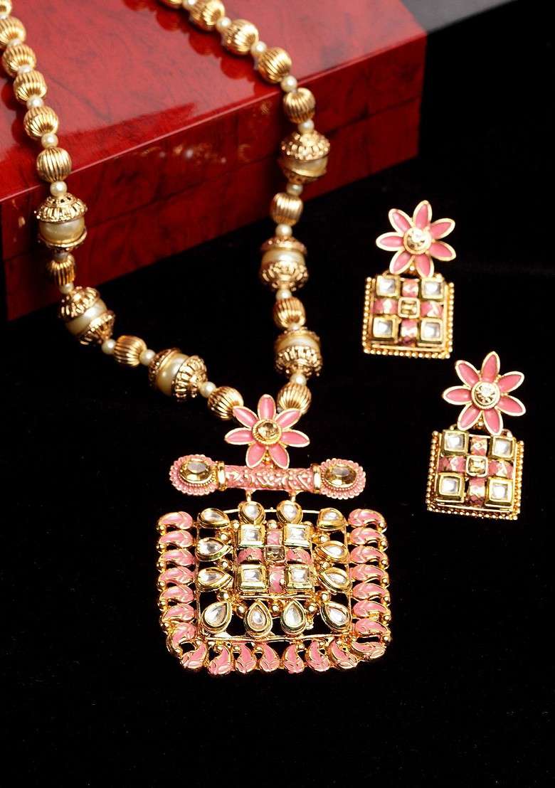 Gold Plated Peach Coloured And White Kundan Studded Jewellery Set - Indya