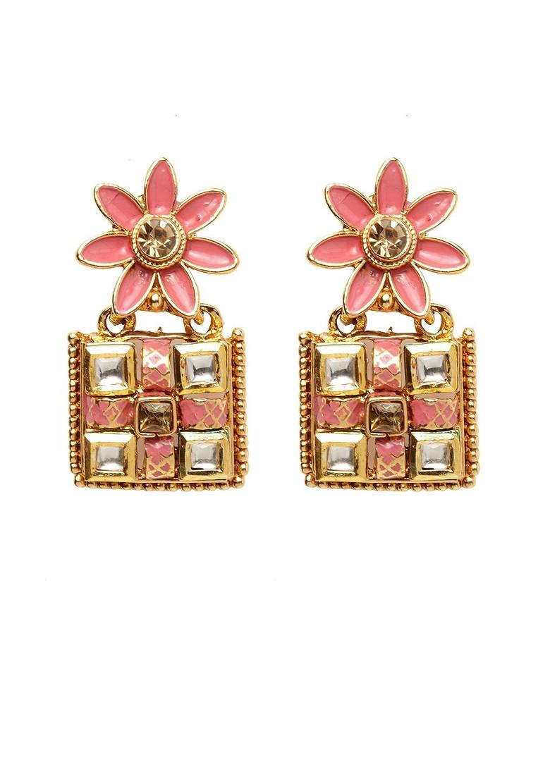 Gold Plated Peach Coloured And White Kundan Studded Jewellery Set