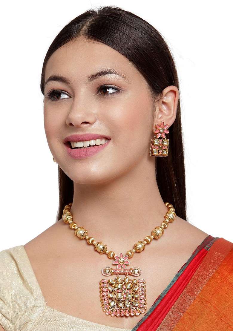 Gold Plated Peach Coloured And White Kundan Studded Jewellery Set - Indya