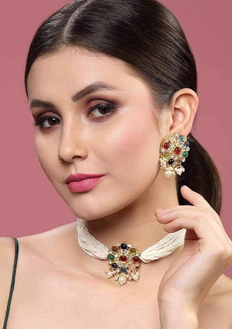 Gold Plated Stone Studded Choker Jewellery Set - Indya