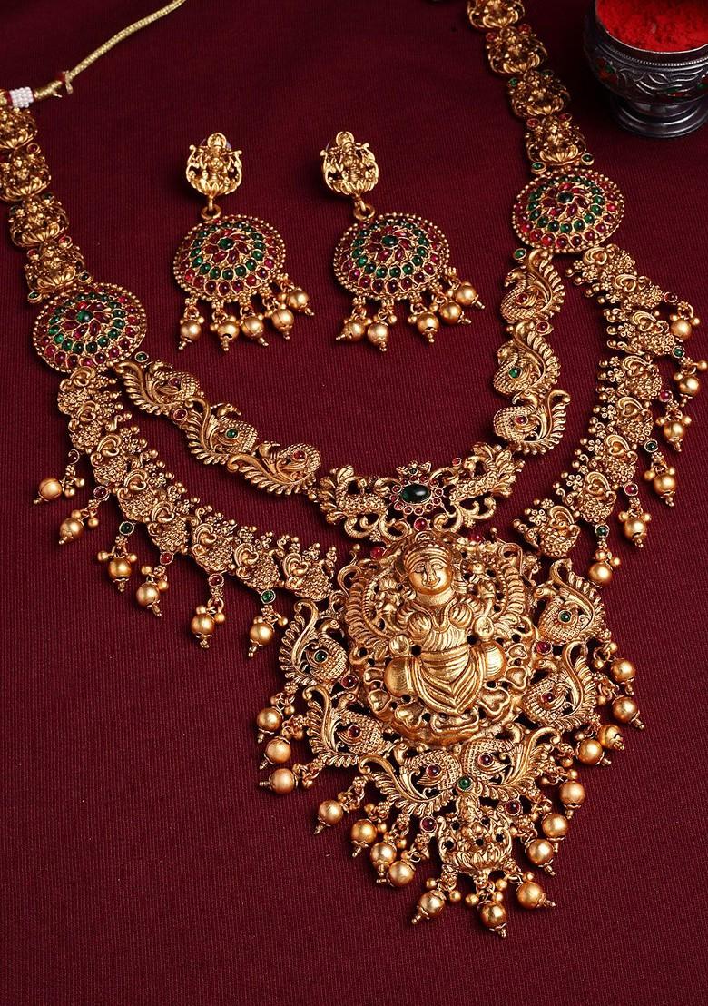 Gold Plated Stone Studded And Beaded Jewellery Set