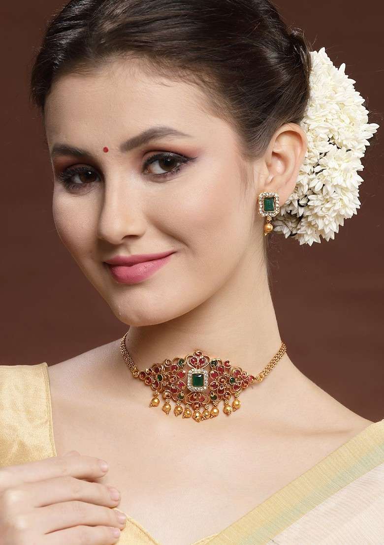 Gold Plated Ad Studded Choker Jewellery Set - Indya