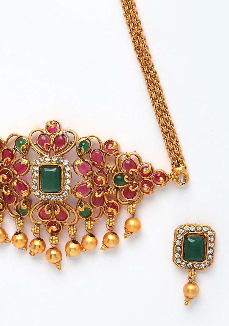 Gold Plated Ad Studded Choker Jewellery Set - Indya