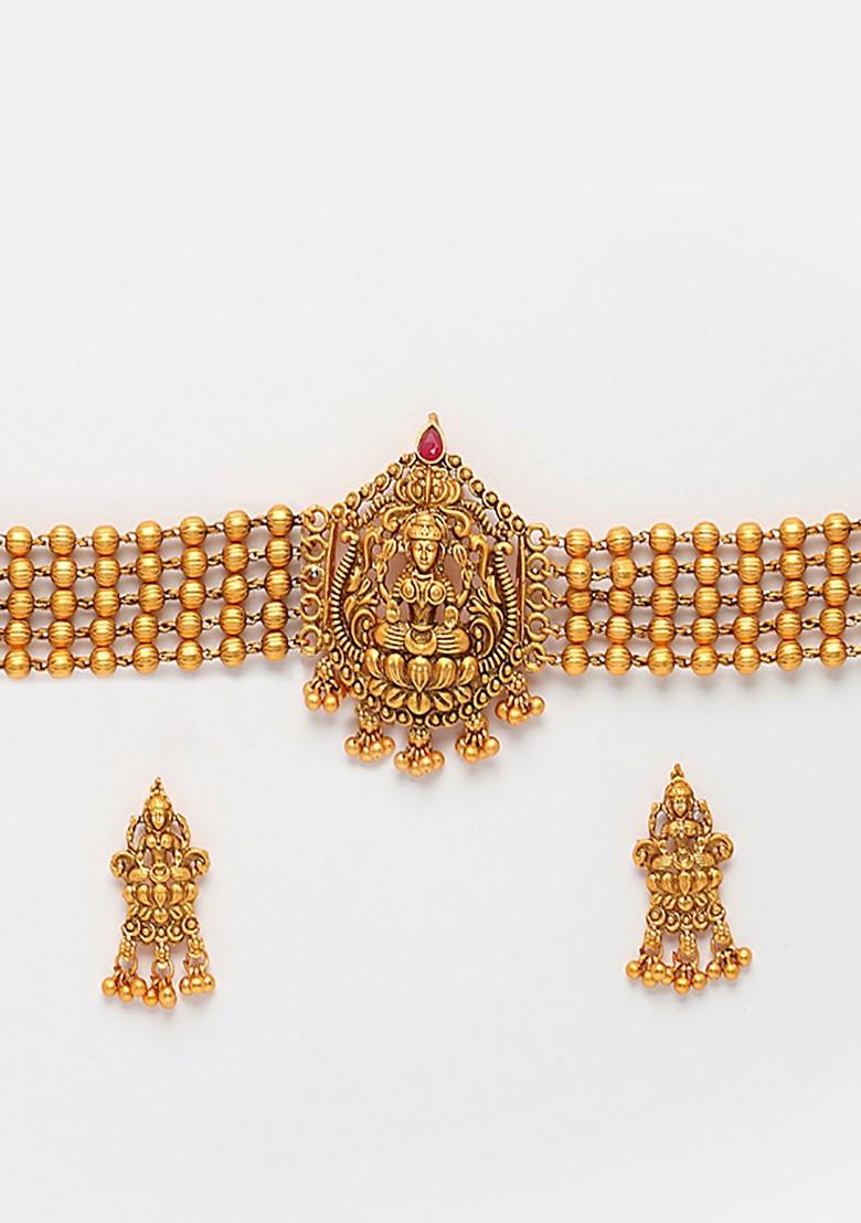 Gold Plated Gold Stone Studded And Beaded Jewellery Set