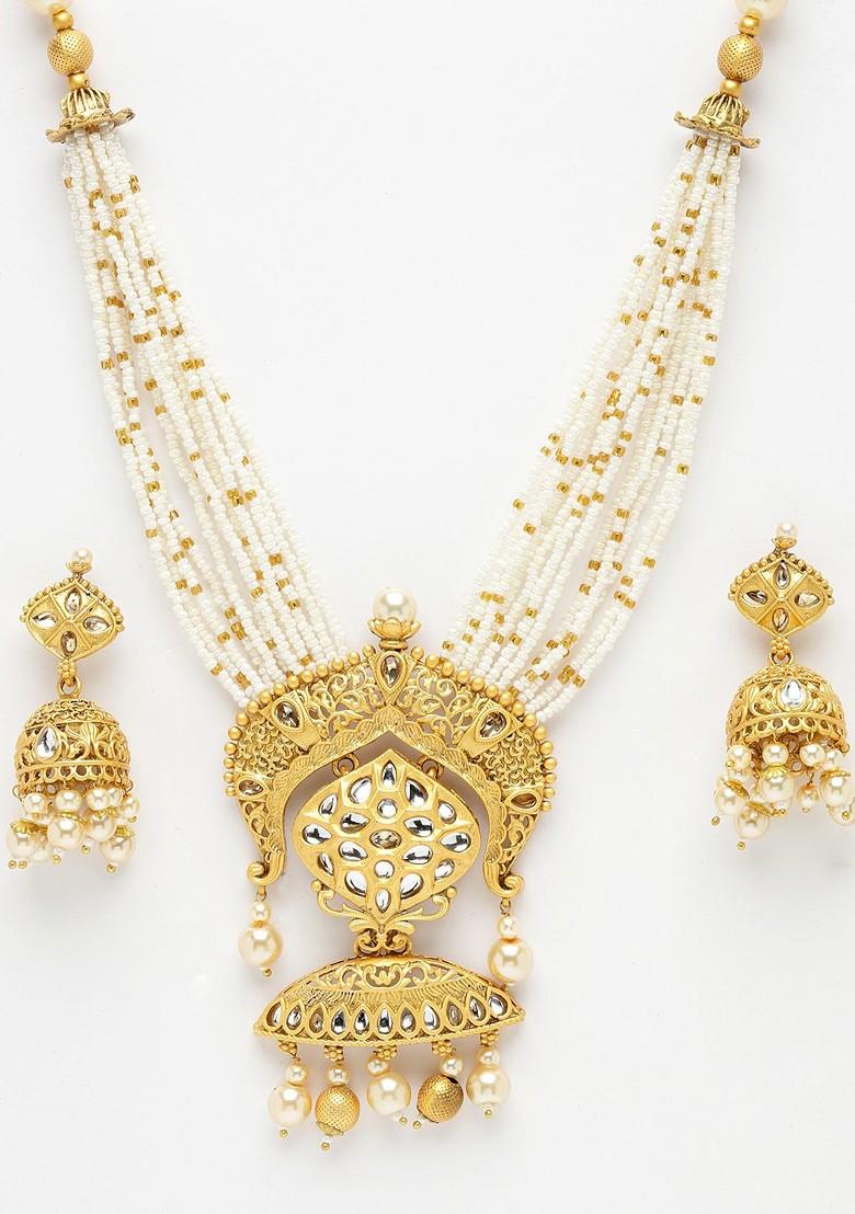 Gold Plated And White Kundan And Pearl Beaded Jewellery Set