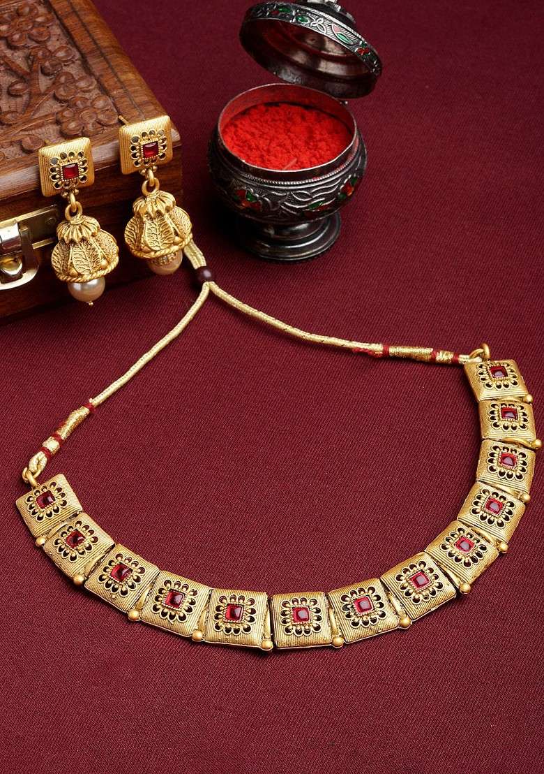 Red And Gold Plated Stone Studded Choker Jewellery Set - Indya