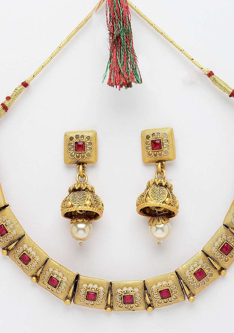 Red And Gold Plated Stone Studded Choker Jewellery Set - Indya