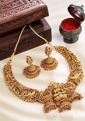 Gold Plated Red And Green Stone Studded Temple Jewellery Set