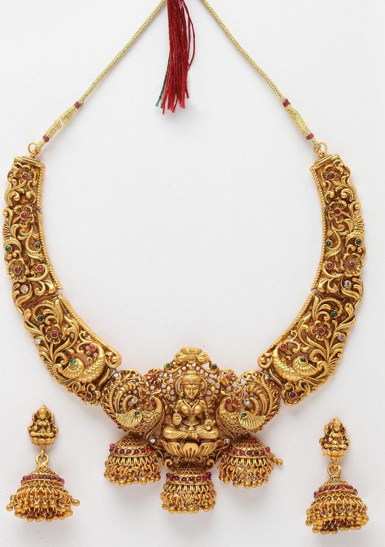 Gold Plated Red And Green Stone Studded Temple Jewellery Set