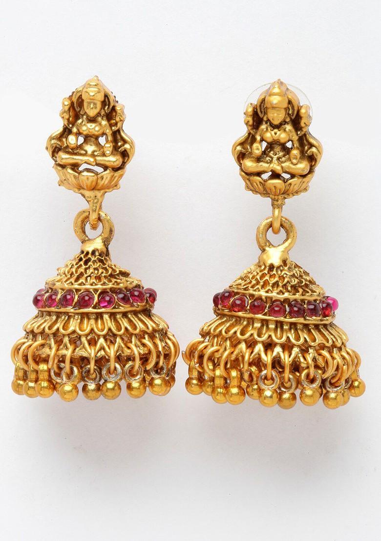 Gold Plated Red And Green Stone Studded Temple Jewellery Set