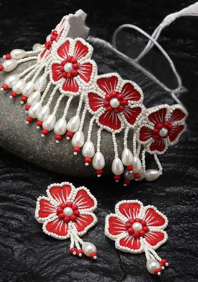 Red Floral Shaped Beads Studded Jewellery Set - Indya