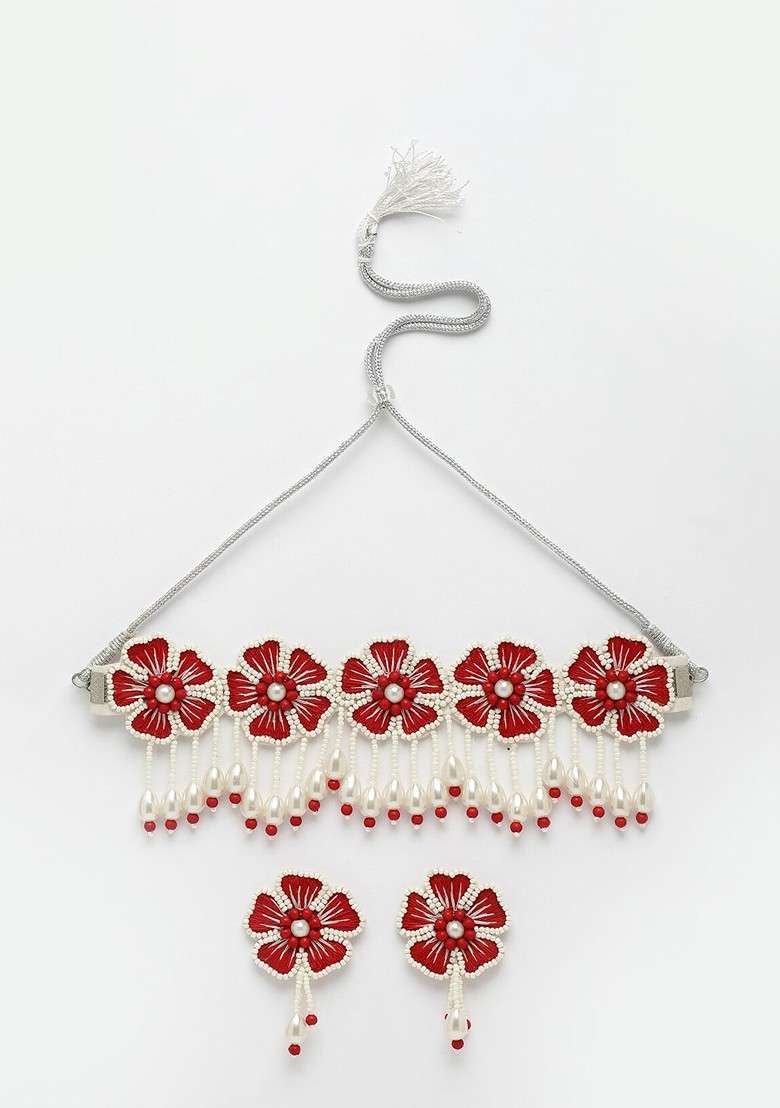 Red Floral Shaped Beads Studded Jewellery Set - Indya