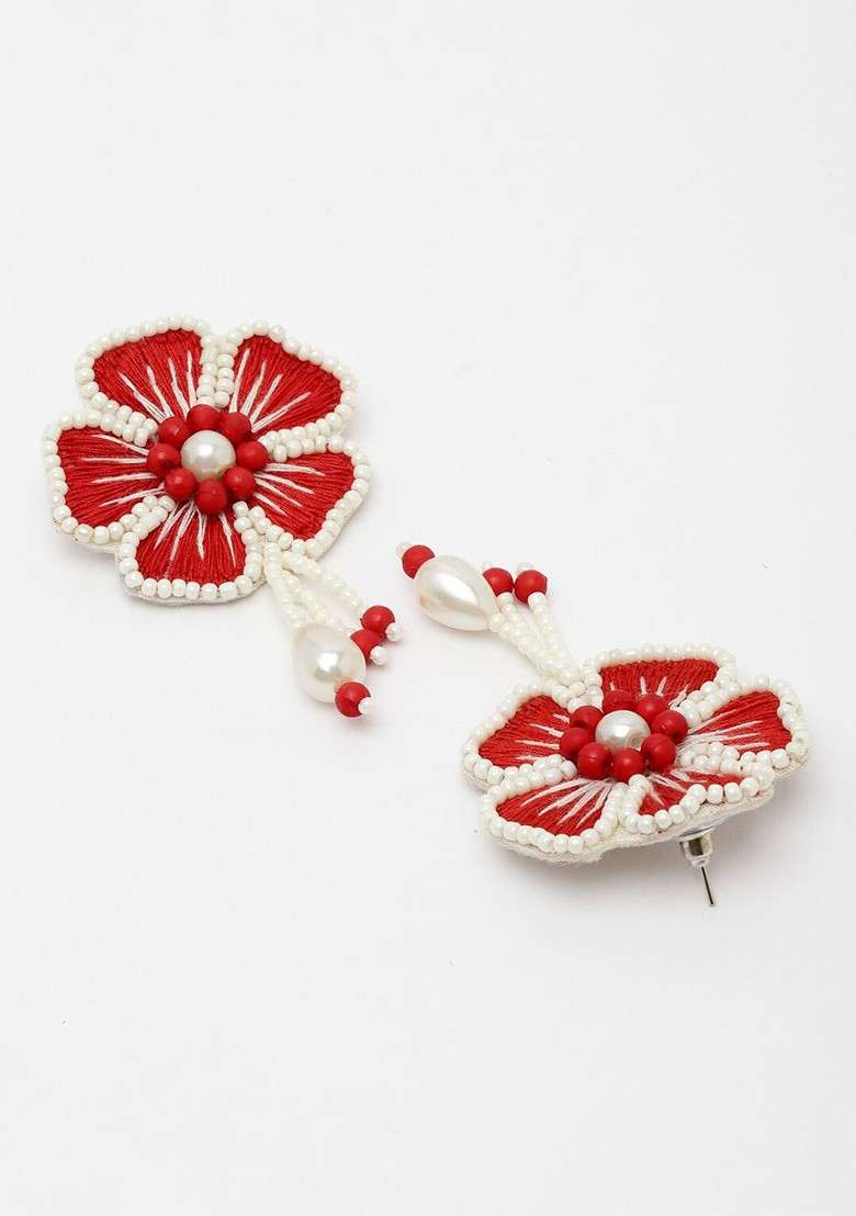 Red Floral Shaped Beads Studded Jewellery Set - Indya