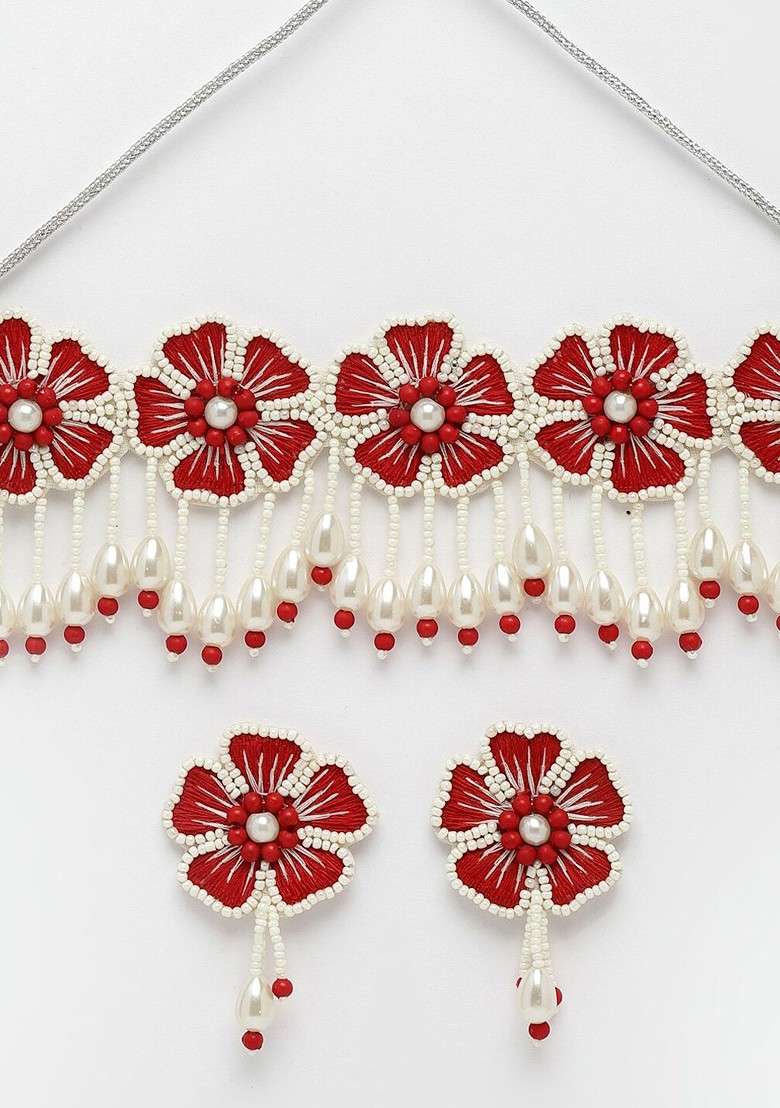 Red Floral Shaped Beads Studded Jewellery Set - Indya
