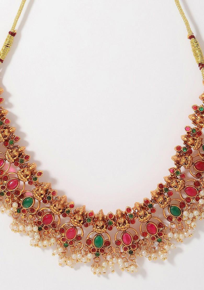 Gold Plated Stones Studded And Beaded Temple Jewellery Set