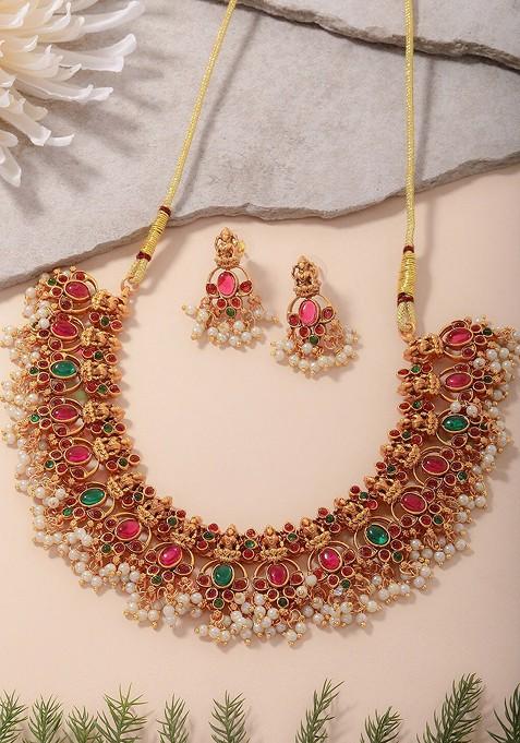 Gold Plated Stones Studded And Beaded Temple Jewellery Set