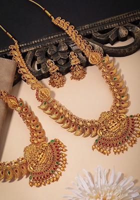 Set Of 2 Gold Plated Stone Studded Necklace And Earrings