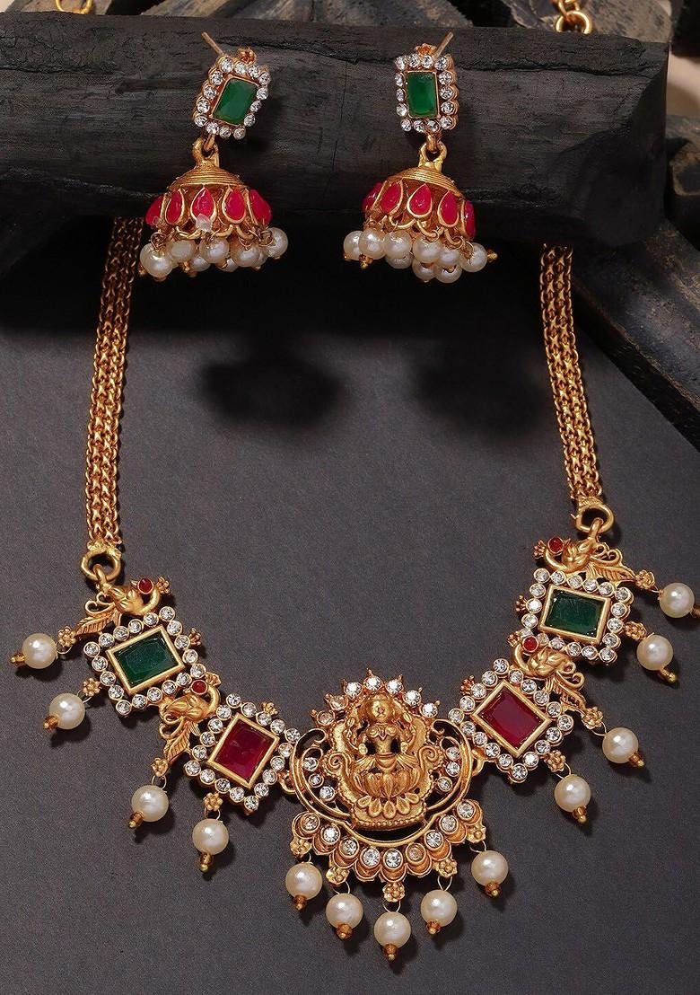 Gold Plated Stone Studded And Beaded Temple Necklace And Earrings