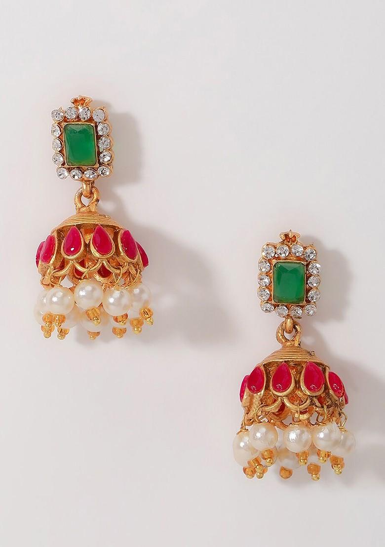 Gold Plated Stone Studded And Beaded Temple Necklace And Earrings