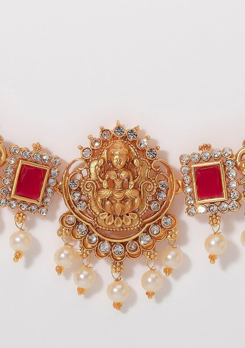 Gold Plated Stone Studded And Beaded Temple Necklace And Earrings