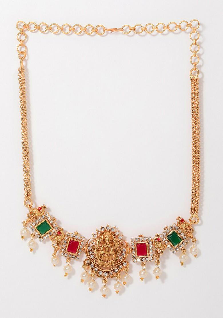Gold Plated Stone Studded And Beaded Temple Necklace And Earrings