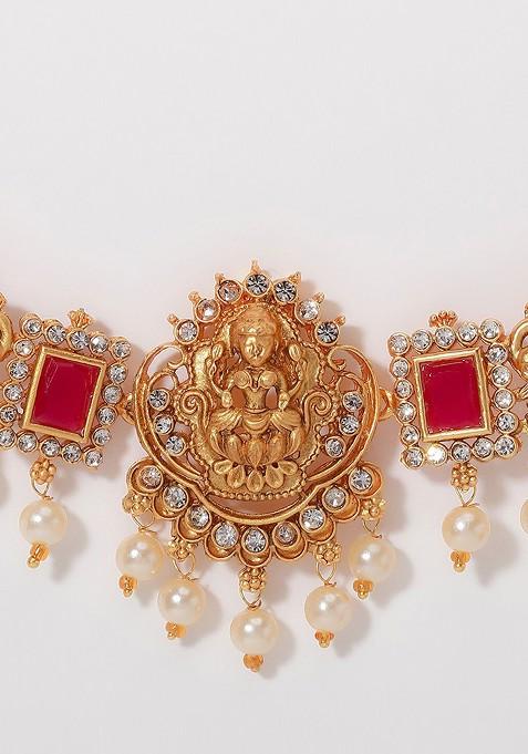 Gold Plated Stone Studded And Beaded Temple Necklace And Earrings