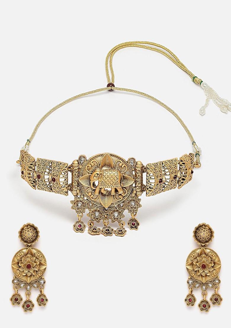 Gold Plated Kundan Studded Temple Choker Jewellery Set