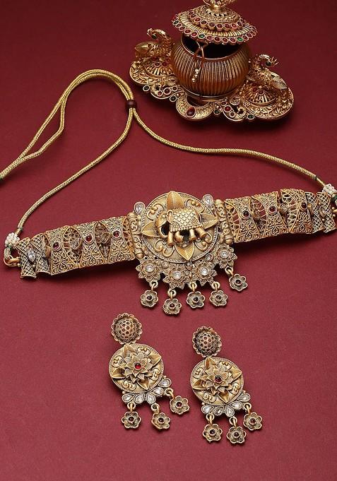 Gold Plated Kundan Studded Temple Choker Jewellery Set