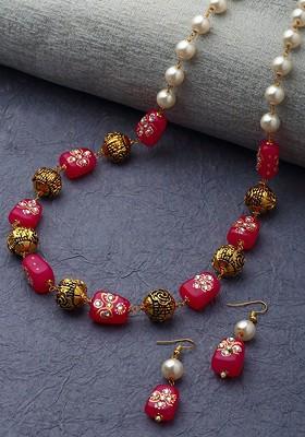Gold Plated Pearl And Stone Studded Jewellery Set