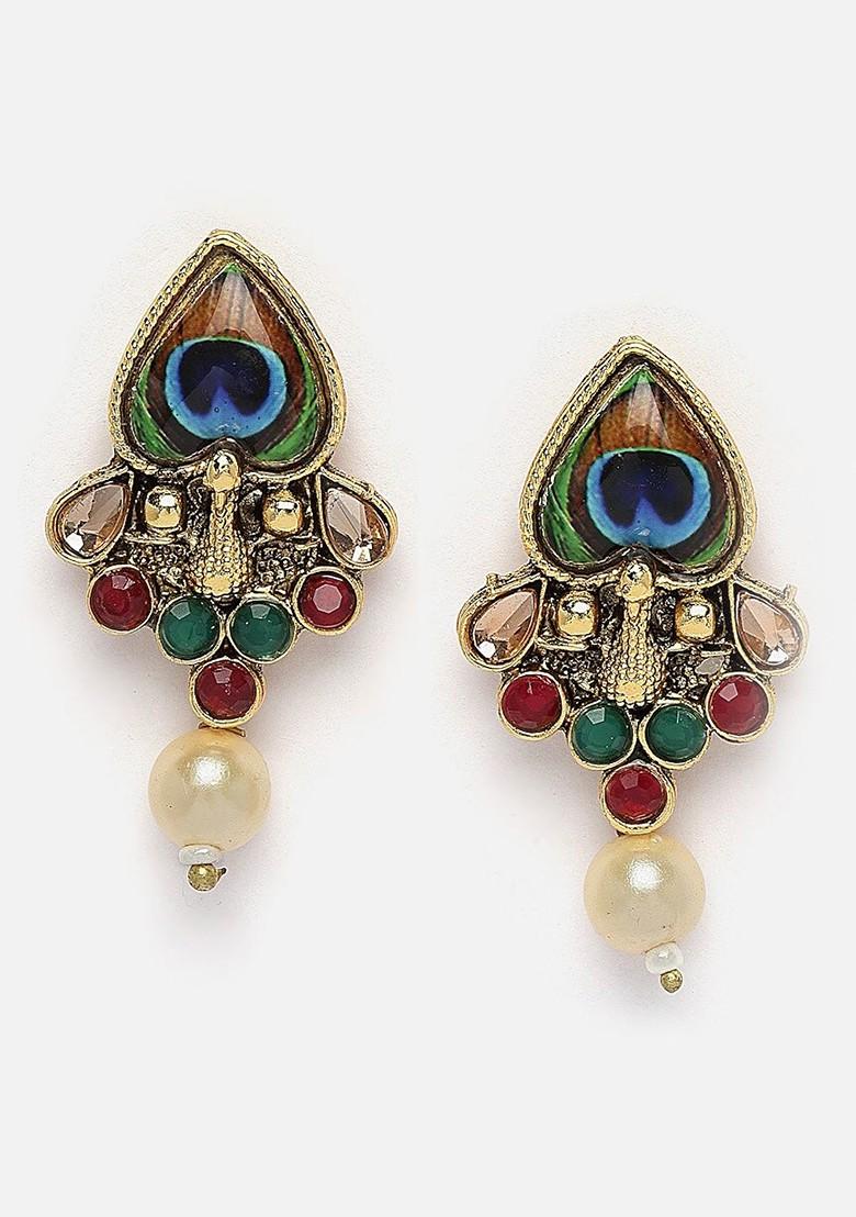 Gold Plated Peacock Shaped Stone Studded And Pearl Beaded Choker Jewellery Set