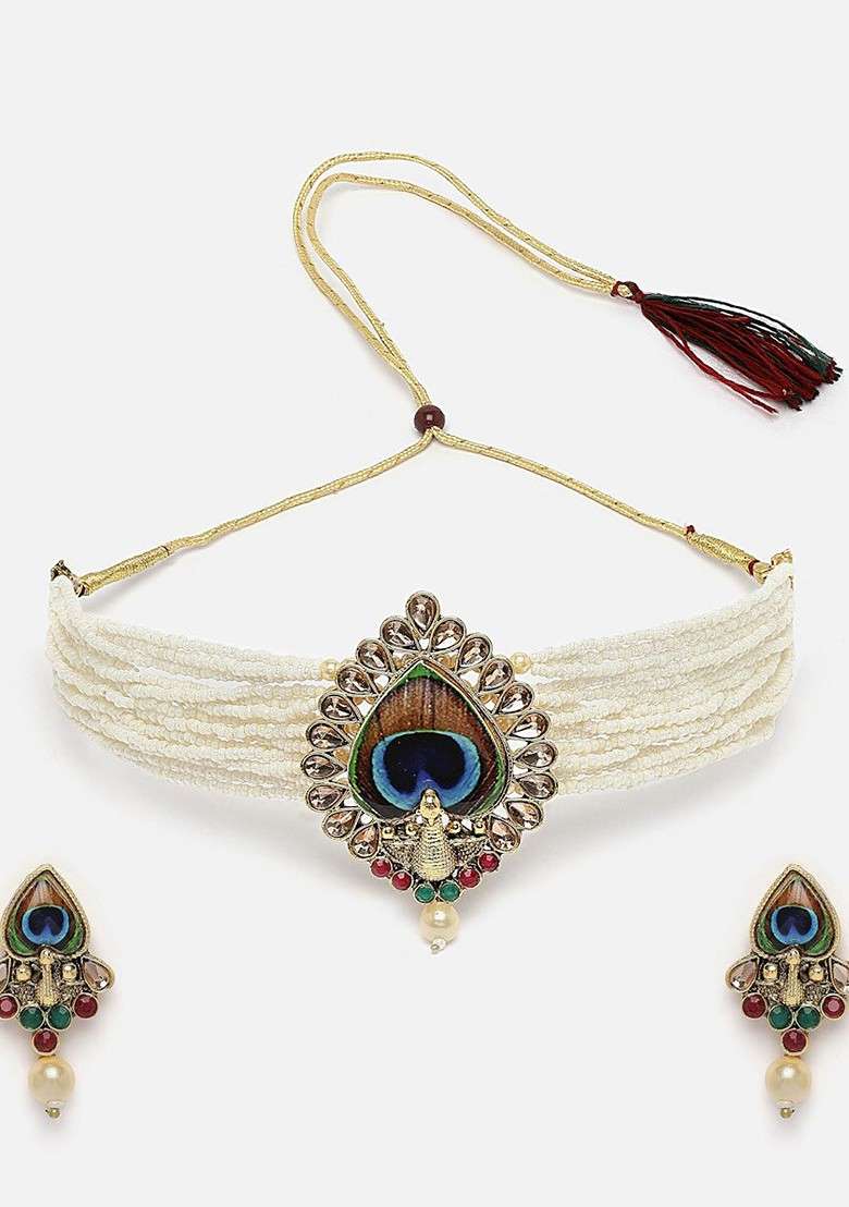 Gold Plated Peacock Shaped Stone Studded And Pearl Beaded Choker Jewellery Set - Indya